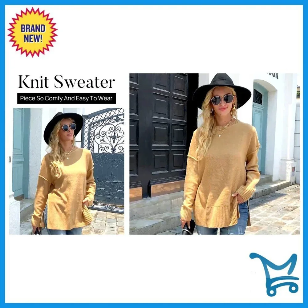 Oversized Pullover Sweater Tunic Length Side Split Casual Loose Fit